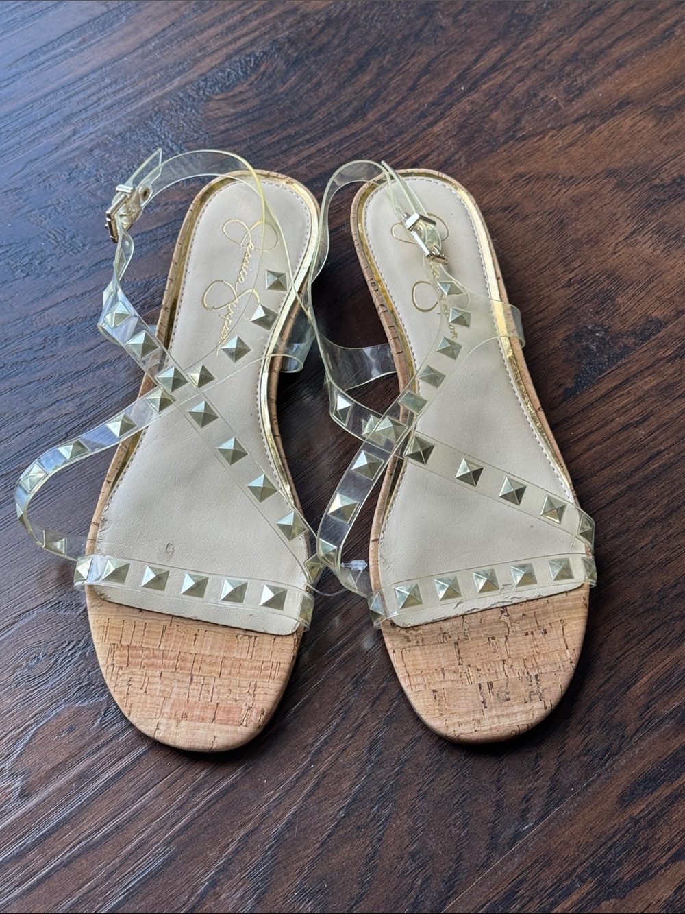 Jessica Simpson Clear PVC Studded Cork Sling Sandals - Gold Studs